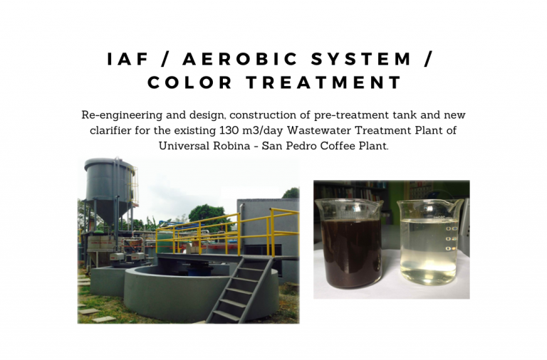 Wastewater treatment plant showing its facility tanks including the before-after of a water sample (from dark color to clear water)